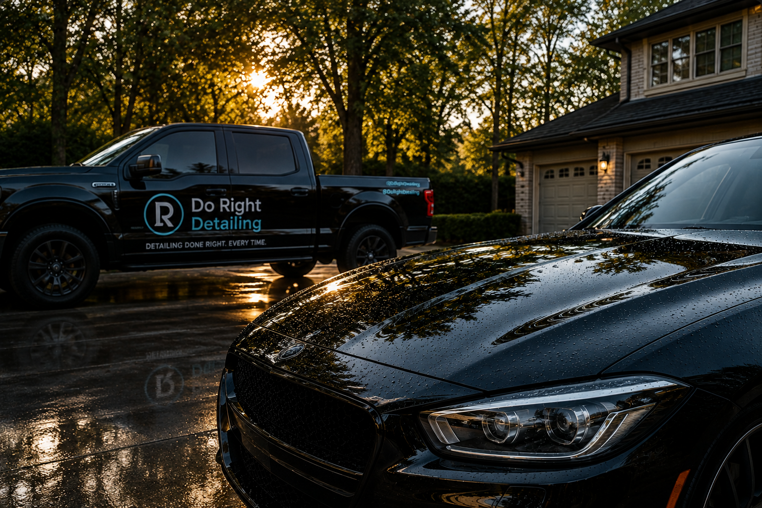 DoRight Detailing technician machine-polishing a dark car in a DFW driveway